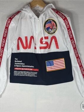 Awake NY White Red & Navy NASA Logo Hooded Windbreaker